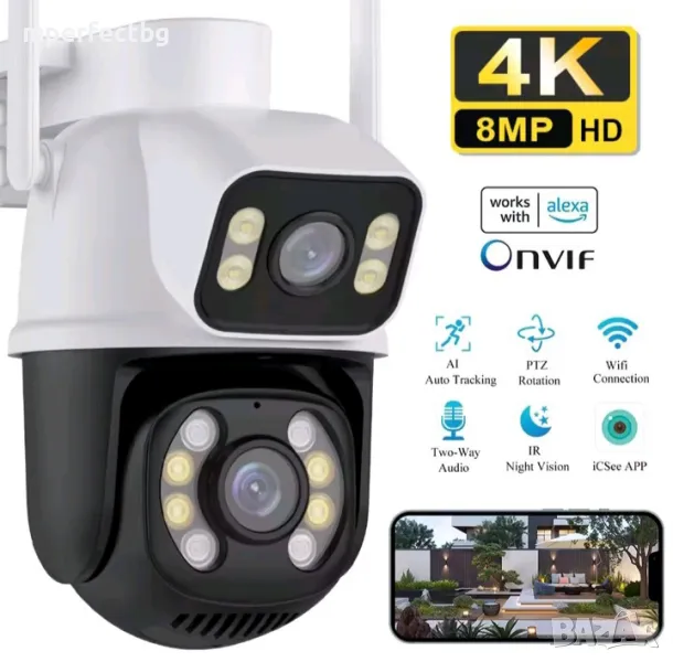 Двойна камера 8 МР PTZ ICSEE WIFI Камера с два обектива Human Detect , снимка 1
