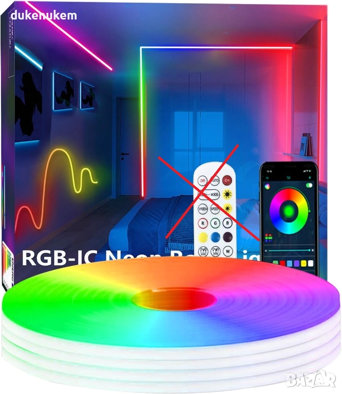 RGB+IC неон лента 10 м , водоустойчива, музикален синхрон, chase ефекти, приложение, снимка 1
