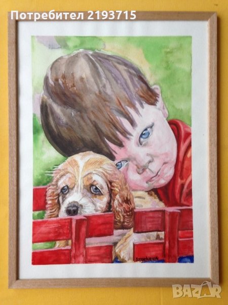 Момченце с кученце на червена пейка, снимка 1