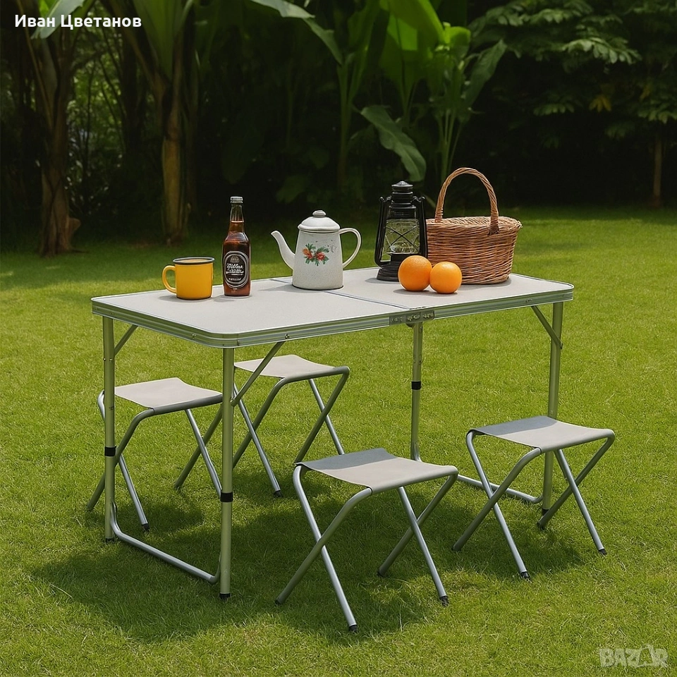 Комплект сгъваема алуминиева маса с 4 стола – идеален за къмпинг, двор и почивка, снимка 1