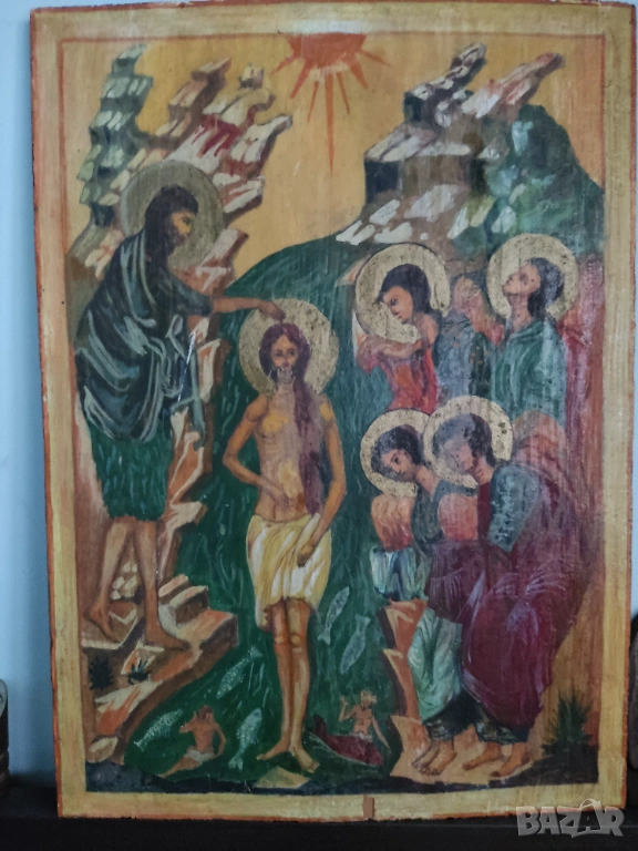 Голяма, ръчно рисувана, дървена икона Кръщението на Христос, снимка 1