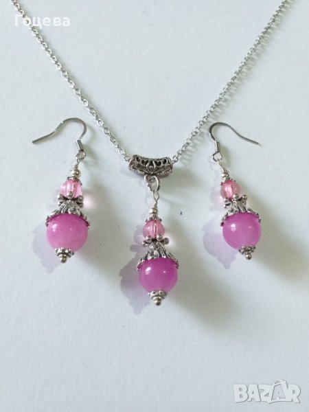 Красив комплект бижута с камъни Розов кварц и орнаменти в цвят Сребро , снимка 1