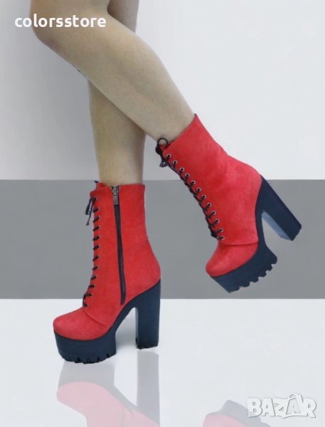 Боти на ток - червен велур с черно ходило - 592, снимка 1