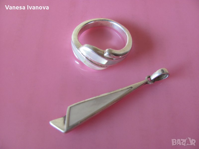 Сребърен пръстен и висулка със седеф комплект , снимка 1