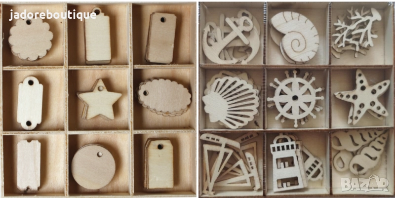 Дървени елементи/ фигурки Тагчета / Морски 45 бр в кутия, снимка 1