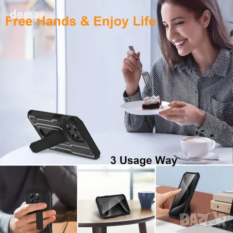 ORETECH Калъф за iPhone 15 Pro Max, вграден протектор за екран от закалено стъкло+стойка, черен, снимка 3 - Калъфи, кейсове - 50032890