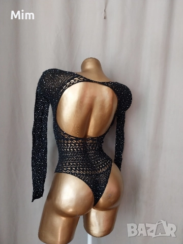 Черно и бяло еластично боди мрежа със сребристи камъчета , снимка 4 - Бельо - 51563295