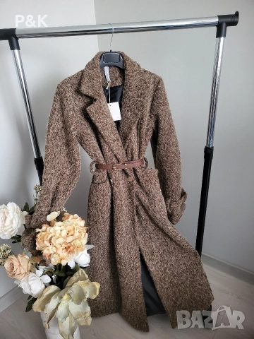 Кафяво палто с колан, снимка 4 - Палта, манта - 52615571