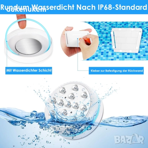 Комплект от 4 LED лампи за басейн RGB, IP68 водоустойчиви с дистанционно управление, снимка 3 - Басейни и аксесоари - 52300121