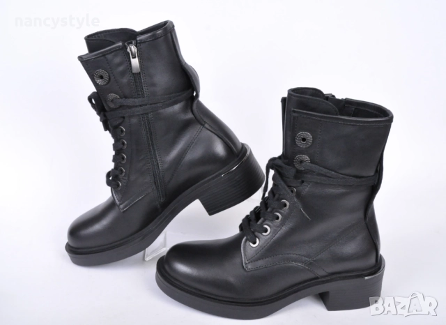 НОВО! Кожени дамски боти с връзки и цип