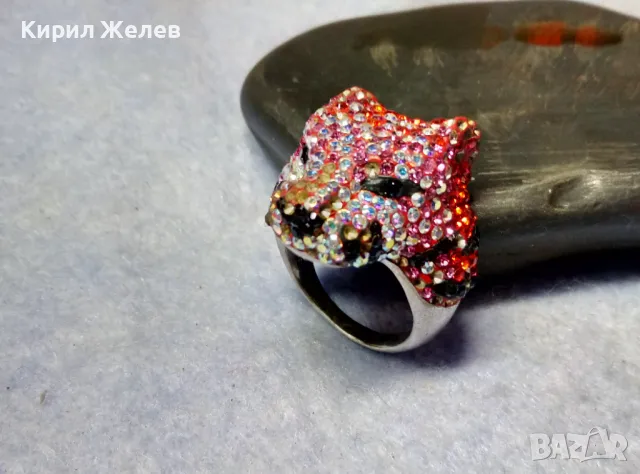 ФИГУРАЛЕН СКЪПОЦЕНЕН СРЕБЪРЕН ПРЪСТЕН РОДИРАНО СРЕБРО 925 СЛАДКА МУЦУНКА ЛЕОПАРД 33672, снимка 2 - Пръстени - 49427685