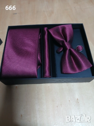 Официален комплект папийонка, вратовръзка, кърпичка и копчета за ръкав, снимка 2 - Други - 52579203