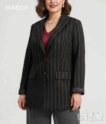Макси елегантно еластично луксозно сако в райе с подплата, подплънки рамене, джобове, уголемено в бю