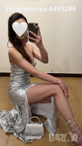 Дълга официална елеганта сребърна рокля с пайети и цепка, снимка 5 - Рокли - 50576699
