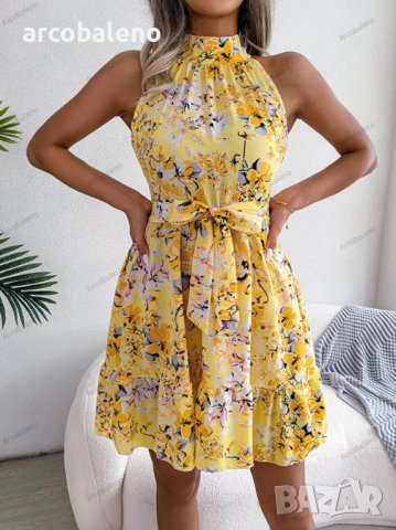 Дамска елегантна рокля на цветя с връзки и волани, 3цвята - 023, снимка 4 - Рокли - 40443227