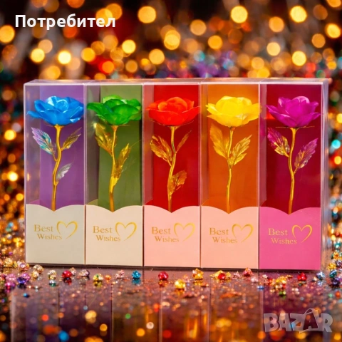 Декоративна цветна роза „Best Wishes“ със златно стъбло