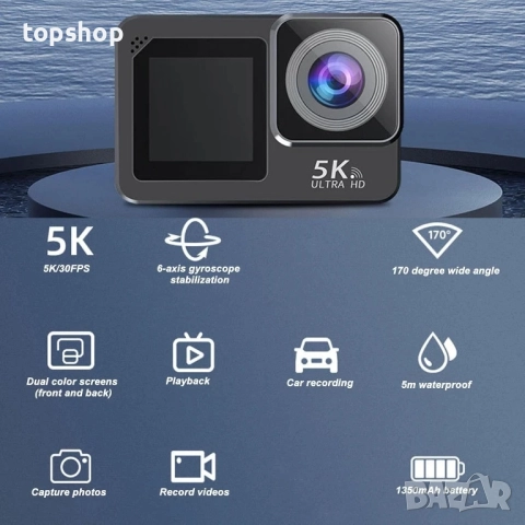 Нова 5K 30FPS 50MP Екшън камера, UHD 5M Подводна камера със 170° широкоъгълен обхват, IP68..., снимка 6 - Камери - 51595326