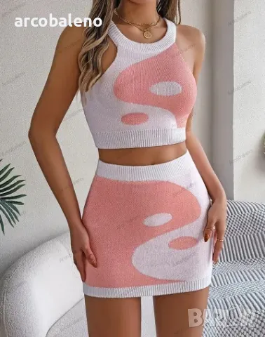 Дамски трикотажен комплект с оголен корем и пола в контрастен цвят, 3цвята , снимка 16 - Комплекти - 48445847