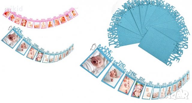 1 година 12 месеца Банер парти гирлянд по месеци син розов брокатен картон за снимка рожден ден бебе