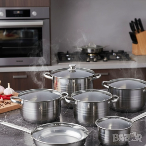 Комплект съдове от неръждаема стомана – 12 части - Готви като професионалист у дома