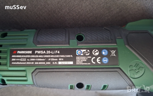 Акумулаторен Ъглошлайф 20В на Парксайд модел Parkside PWSA 20li F4 с остатъчна гаранция , снимка 2 - Други инструменти - 51855034