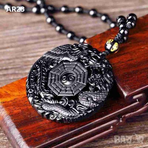 Медальон от гравиран черен обсидиан Орел Дракон Ин-Ян, снимка 1 - Колиета, медальони, синджири - 39932899