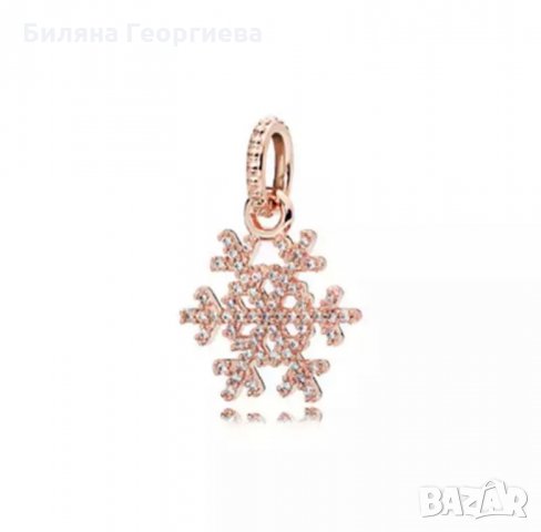 Сребърен талисман за гривна Пандора снежинка цвят розово злато, Модел 032