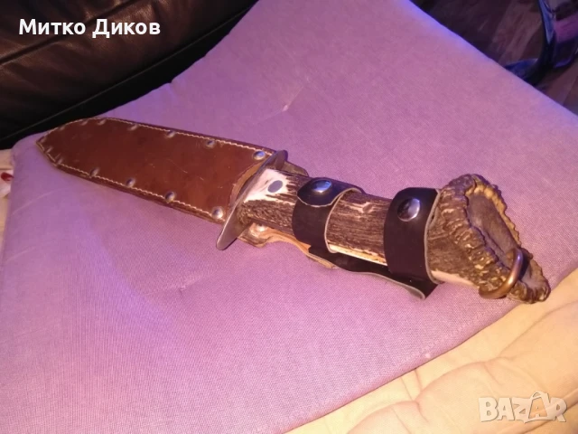 Масивен ловен нож дръжка еленов рог калъф естест.кожа 45см и острие 247х43мм дебелина 5мм, снимка 8 - Ножове - 51009467