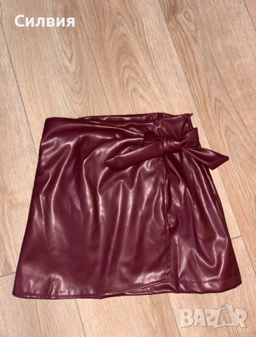 Нова тъмно червена (бордо) кожена пола "Shein"/ "Шейн" с възел, размер "S", снимка 5 - Поли - 53205195