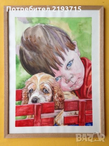 Момченце с кученце на червена пейка, снимка 1 - Декорация за дома - 27026753