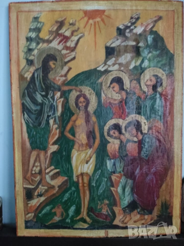 Голяма, ръчно рисувана, дървена икона Кръщението на Христос