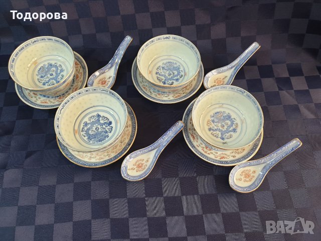 Порцеланови китайски купички,лъжички и чинийки- 4 комплекта, снимка 3 - Сервизи - 38085747