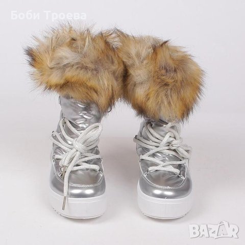 Дамски зимни апрески в сребристо сив цвят, с бежово пухче от еко-косъм в горната част, снимка 5 - Дамски апрески - 43621872