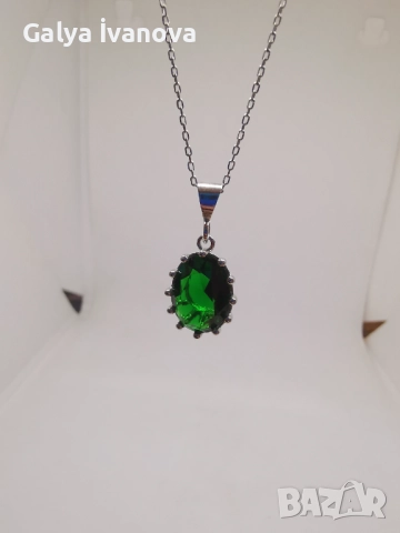 Сребърно колие със Зелен Циркон, снимка 5 - Колиета, медальони, синджири - 51689289