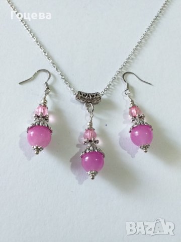 Красив комплект бижута с камъни Розов кварц и орнаменти в цвят Сребро , снимка 1