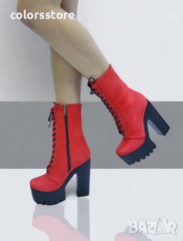 Боти на ток - червен велур с черно ходило - 592