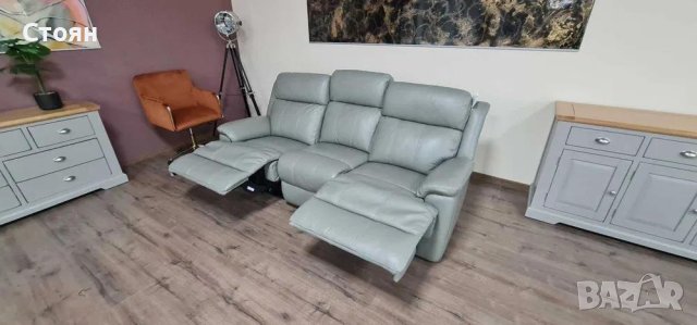 Сив кожен диван тройка "Moreno" с ръчен релаксиращ механизъм, снимка 9 - Дивани и мека мебел - 43896361