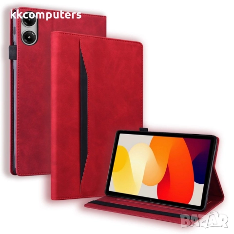 Xiaomi Redmi Pad 2 - Кожен калъф с Джоб за карти, Джоб за писалка, Стойка и Протектор | Черен, Черве, снимка 4 - Калъфи, кейсове - 52143303