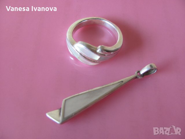 Сребърен пръстен и висулка със седеф комплект 