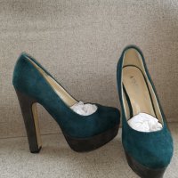 Зелено/сиво велур обувки на ток, снимка 1 - Дамски обувки на ток - 37933541