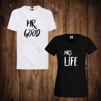 Тениски за двойки с щампа мъжка тениска + дамска тениска MR. GOOD MRS. LIFE , снимка 2 - Тениски - 26342953