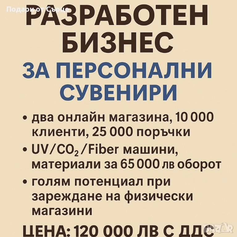 Продава се напълно разработен бизнес за персонални сувенири „Подари от Сърце, снимка 1