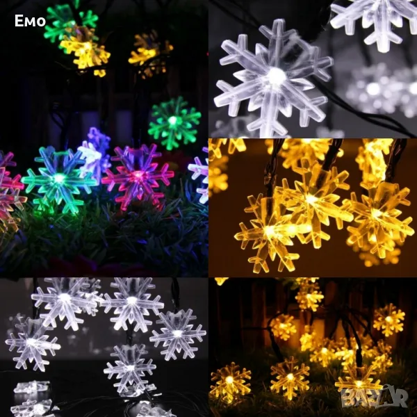 Многоцветни коледни LED лампички със снежинки с щепсел - Многоцветни, дължина - 5м, 28бр лампички., снимка 1