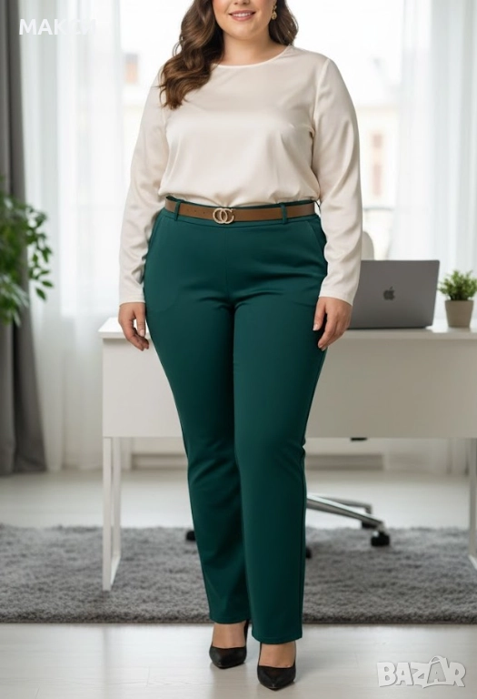 Елегантен макси модерен еластичен прав панталон с висока талия, цип, джобове и кожен колан със злати, снимка 1