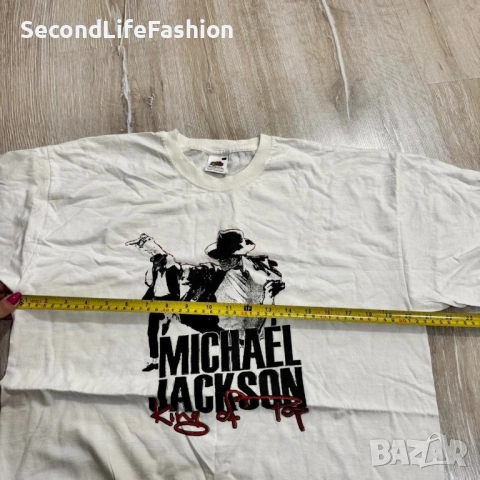 Тениска с надпис „Крал на попа“ на Майкъл Джексън, размер L, Fruit of the Loom, бяла, снимка 3 - Тениски - 53427675