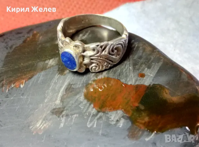 СТАРИНЕН АР НУВО ФЛОРАЛЕН СКЪПОЦЕНЕН СРЕБЪРЕН ПРЪСТЕН СРЕБРО ВИСОКА ПРОБА с ШЛИФОВАН ЛАЗУРИТ 25290, снимка 2 - Антикварни и старинни предмети - 49886234