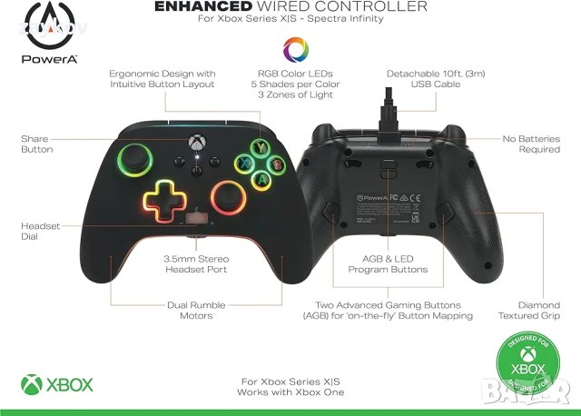 кабелен контролер за видеоигри, геймпад за Xbox X и S, официално лицензиран от Xbox, снимка 3 - Xbox конзоли - 43855551