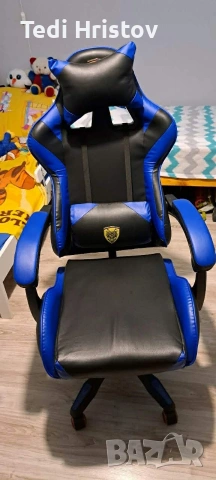 Геймърски стол за релакс с масаж и подложка за крака – син, снимка 3 - Столове - 53239166
