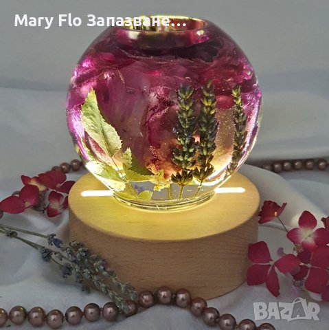 2 в 1 LED Лампа и Свещник от Епоксидна Смола с Изсушени Роза и Лавандула върху Дървена Основа, снимка 3 - Декорация за дома - 44067839