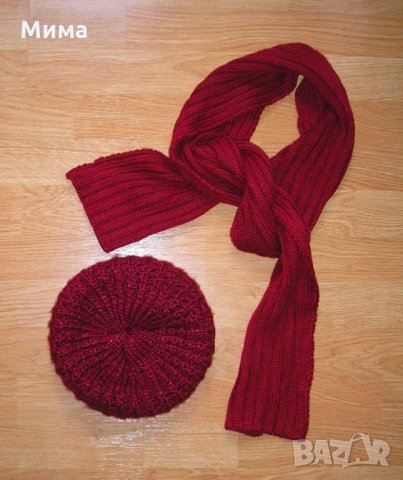 Плетени шал и шапка, цвят бордо , снимка 2 - Шапки, шалове и ръкавици - 28351073